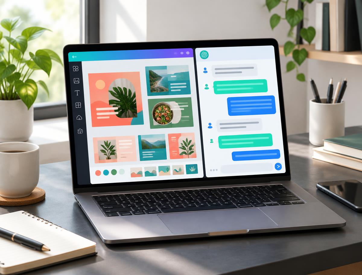 Graphic design editor beside AI chat on a laptop