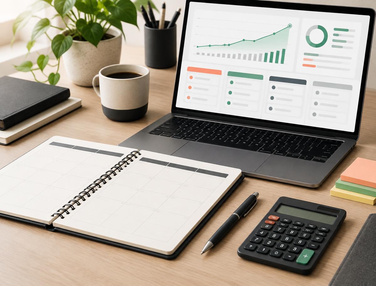 Monthly business goal planner, calculator and progress dashboard